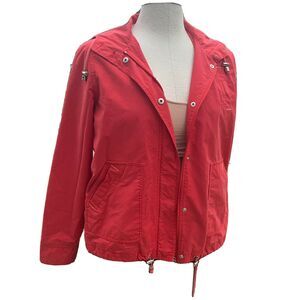 Larry Levine Sport Red Lightweight Parka Coat Snaps Zipper Hooded Jacket Medium